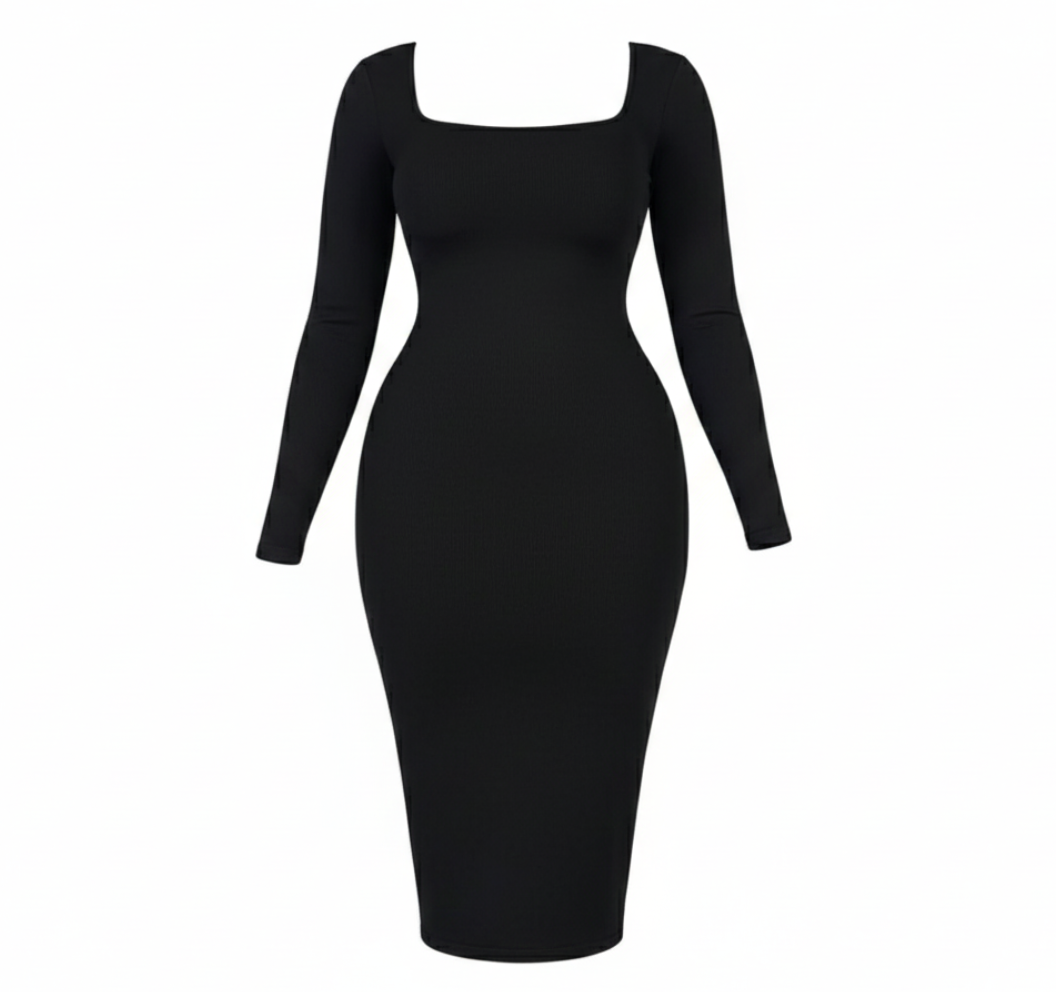 Black long-sleeve dress on a white background