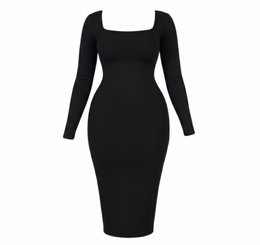 Black long-sleeve dress on a white background