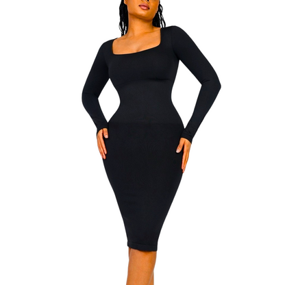 Black long-sleeve contour dress worn by a model on a white background.(front)