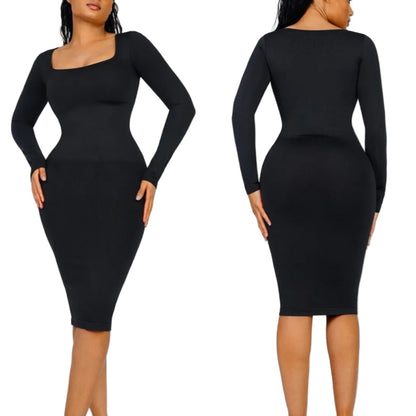 Black long-sleeve contour dress worn by a model on a white background.(front and back)
