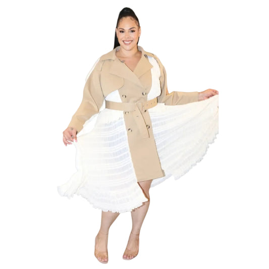 Woman wearing a white and khaki trench coat dress on a white background (front)