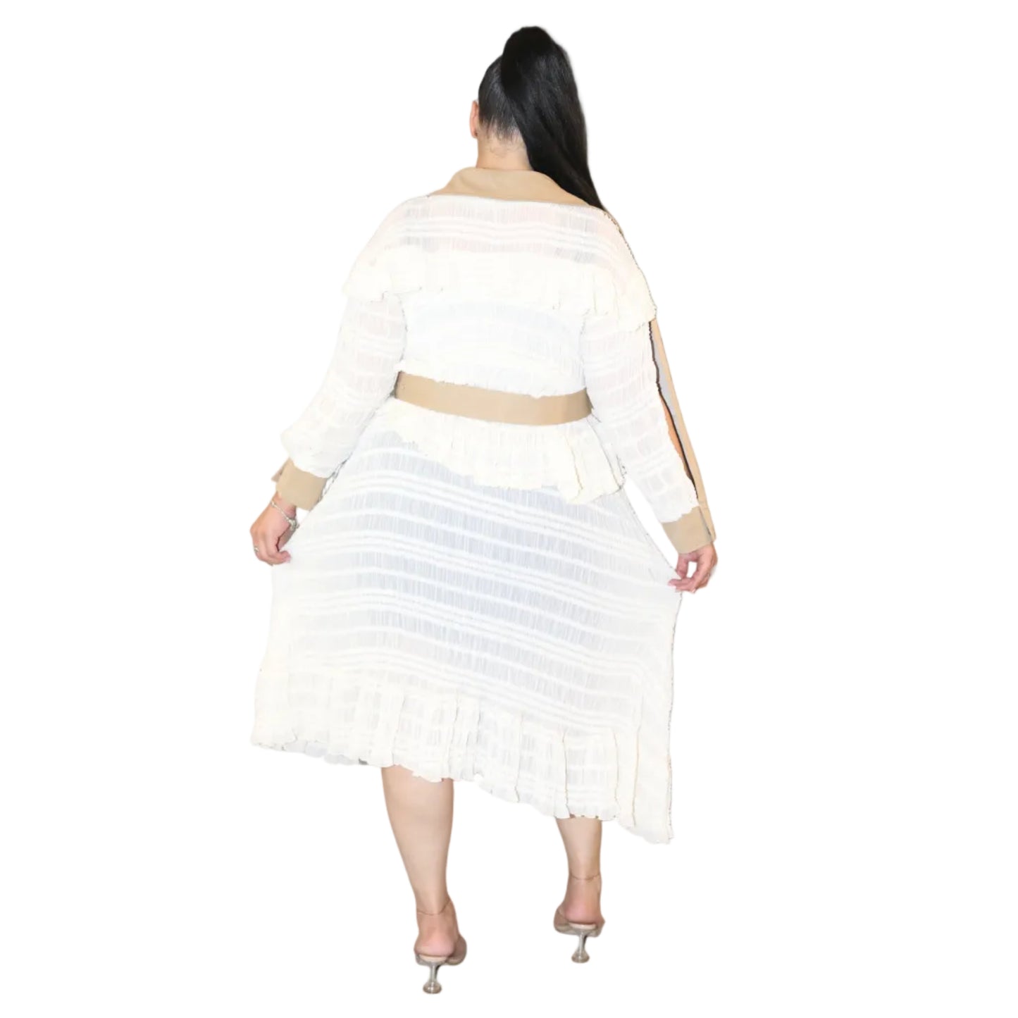 Woman wearing a white and khaki trench coat dress on a white background (back)
