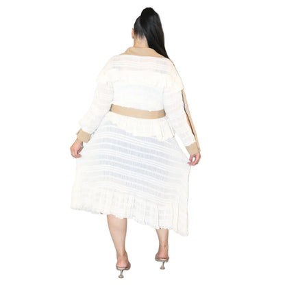 Woman wearing a white and khaki trench coat dress on a white background (back)