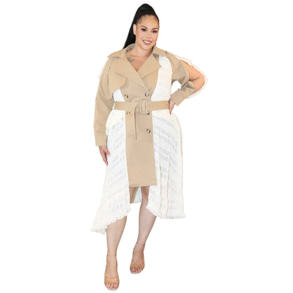 Woman wearing a white and khaki trench coat dress on a white background (front)