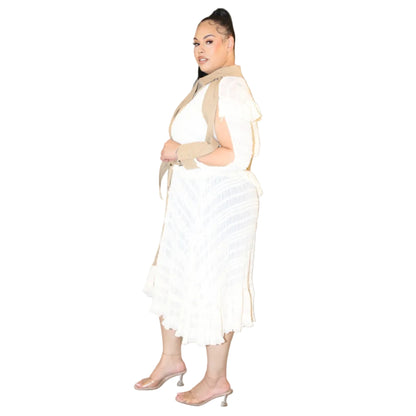 Woman wearing a white and khaki trench coat dress on a white background (left side)