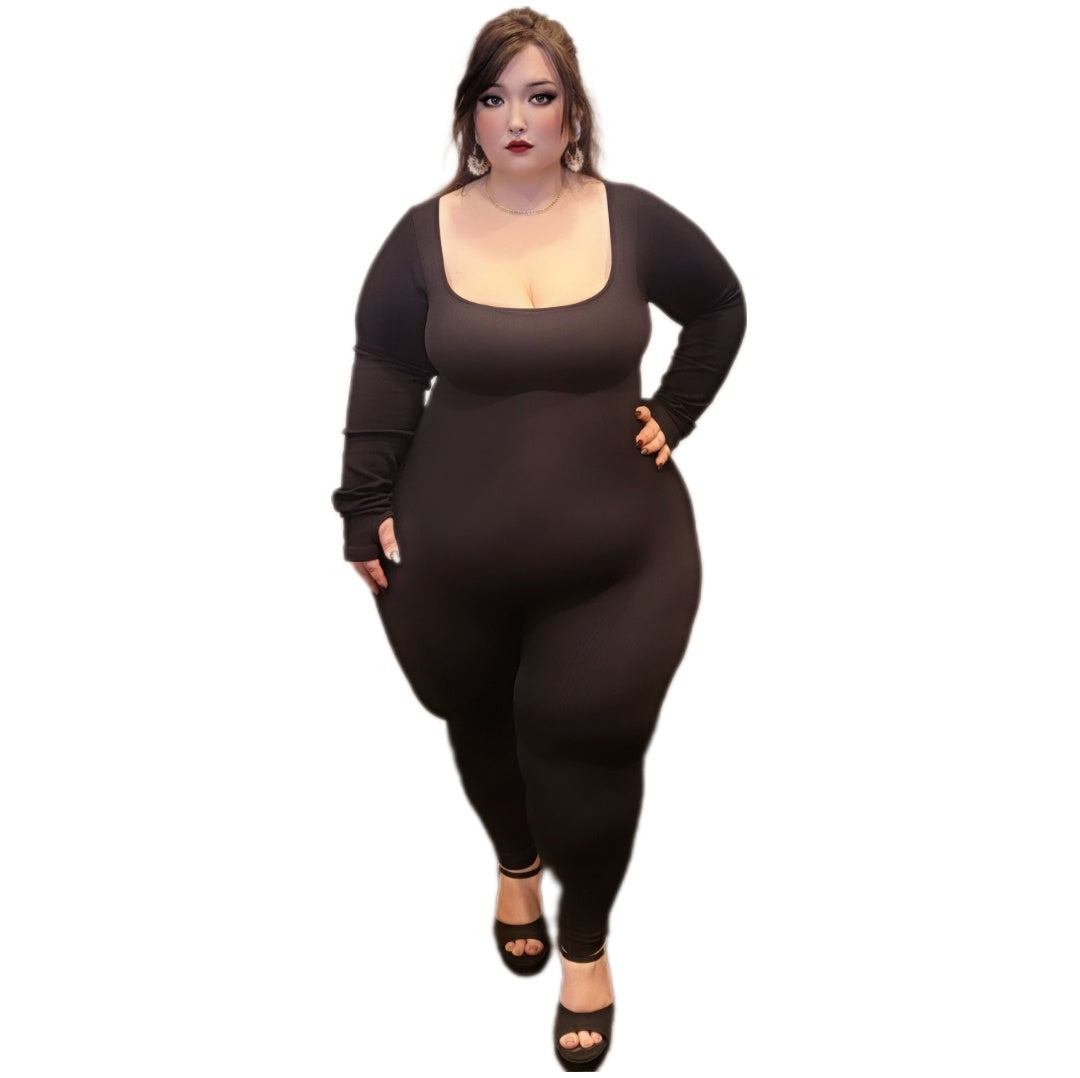 Woman wearing a long-sleeve catsuit on a white background.