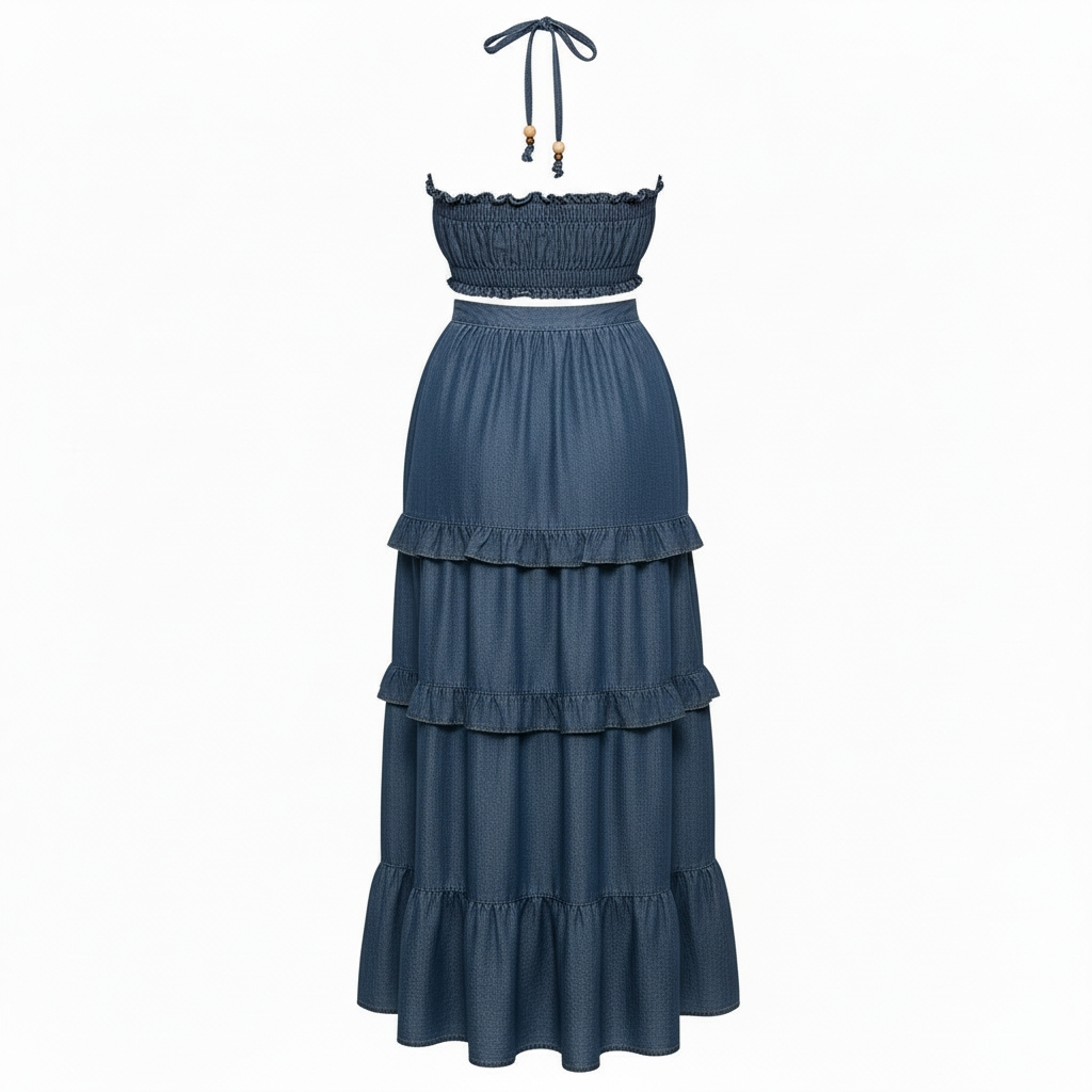 Blue denim bandeau and skirt set with ruffled layers on a white background