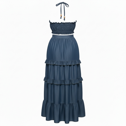 Blue denim bandeau and skirt set with ruffled layers on a white background