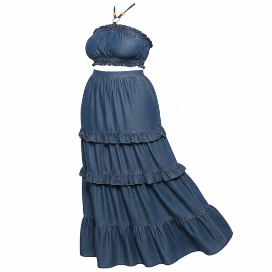 Blue denim bandeau and skirt set with ruffled layers on a white background