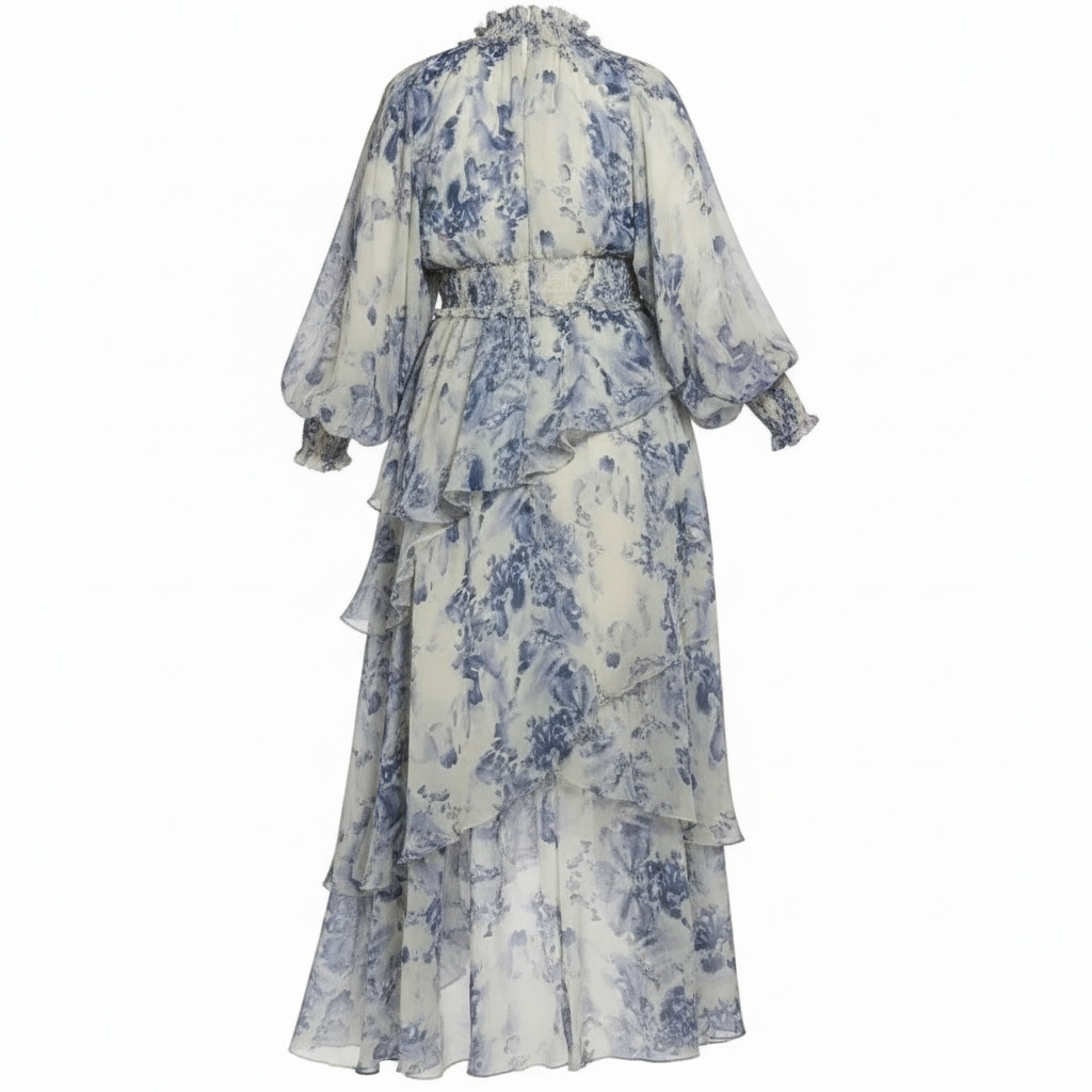 Blue and white floral dress on a white background