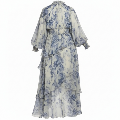 Blue and white floral dress on a white background