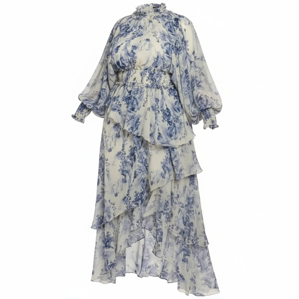 Blue and white floral dress on a white background