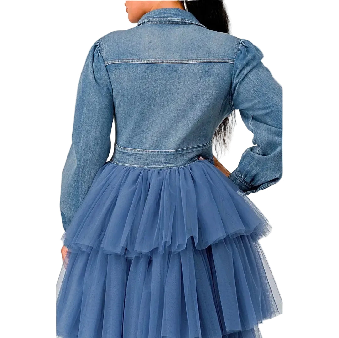 women's denim and tulle dress Plus Size Tulle Paneled Denim Maxi Dress, Dk Rinse, 26/28