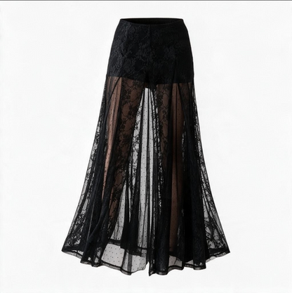 Sheer Lace Front Slit Maxi Skirt with Built-In Shorts – Black