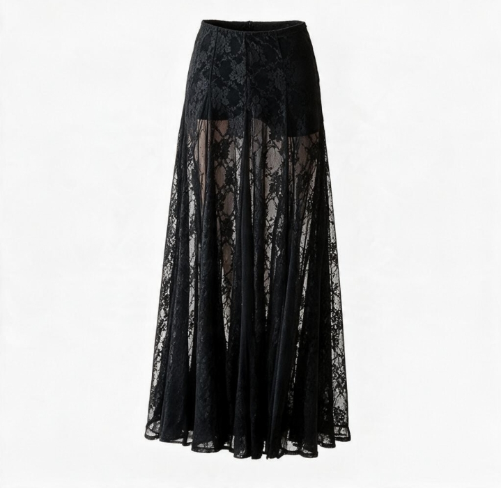 Sheer Lace Front Slit Maxi Skirt with Built-In Shorts – Black