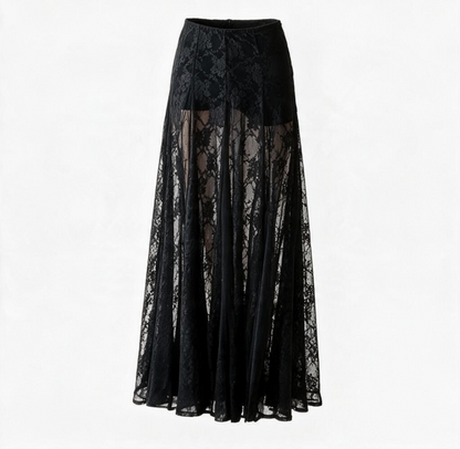 Sheer Lace Front Slit Maxi Skirt with Built-In Shorts – Black