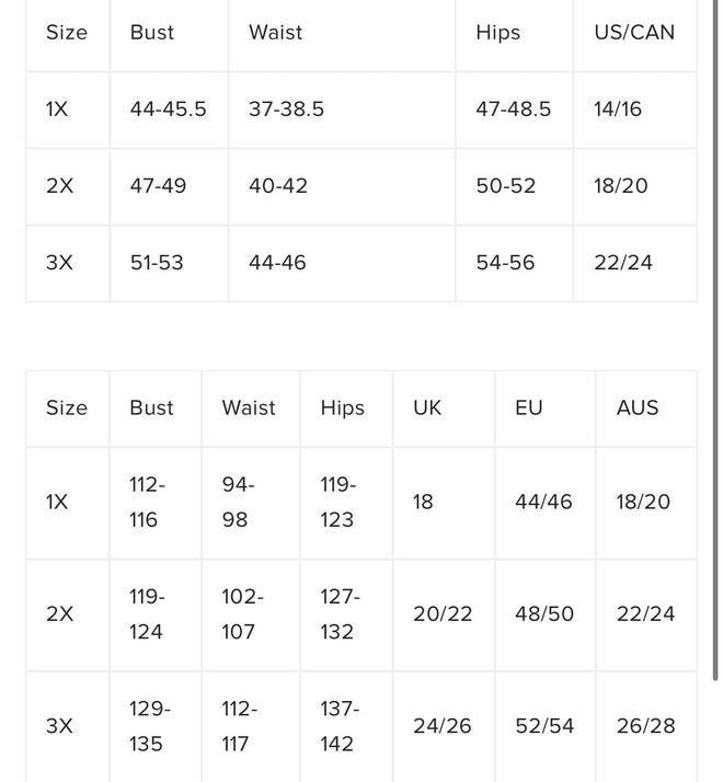 Size chart for clothing with measurements in inches and centimeters