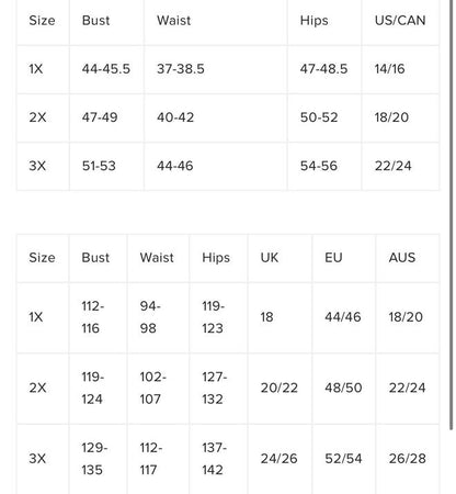 Size chart for clothing with measurements in inches and centimeters