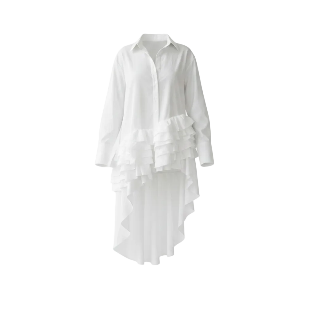 White shirt with ruffled layers on a white background (front)