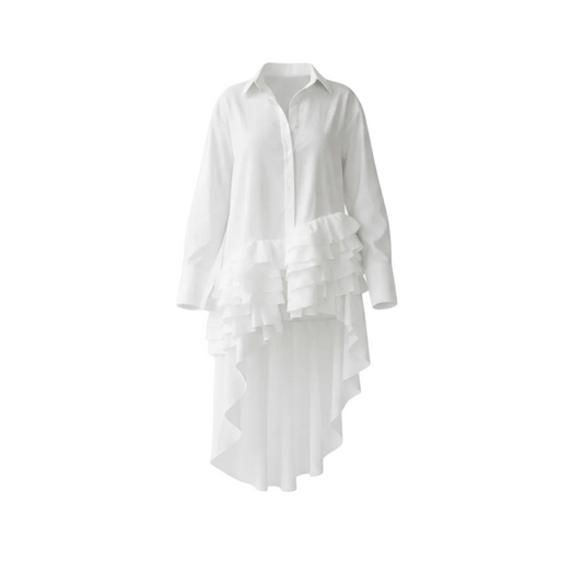 White shirt with ruffled layers on a white background (front)