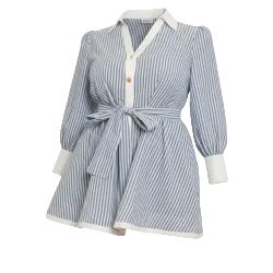 Blue and white striped dress with a matching belt on a white background