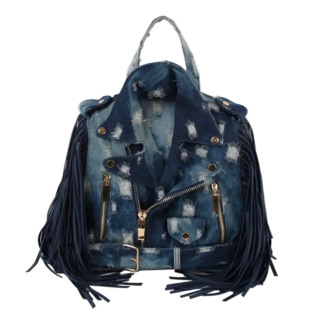 Dark blue denim bag with backpack straps, a handle, fringe, and gold hardware on a white background. (front)