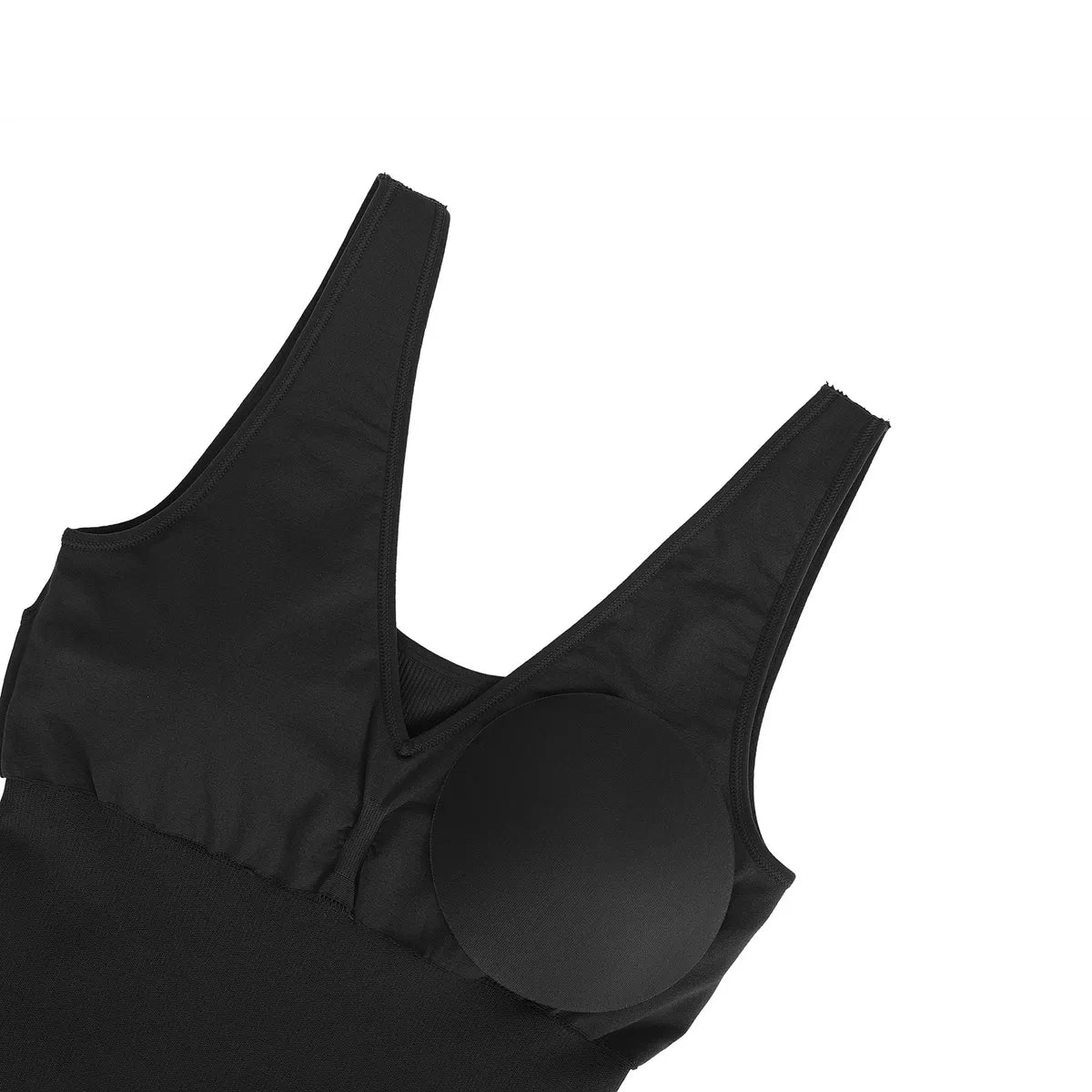Top of a black contour dress on a white background.