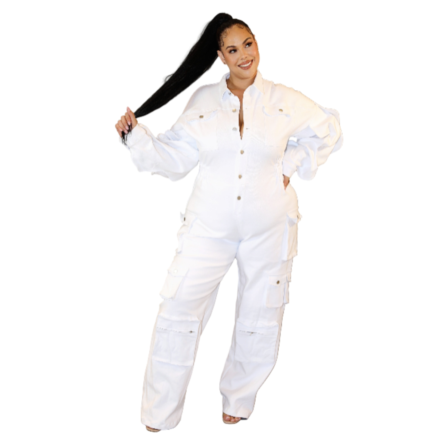 Woman wearing a white denim jumpsuit  on a white background (front)
