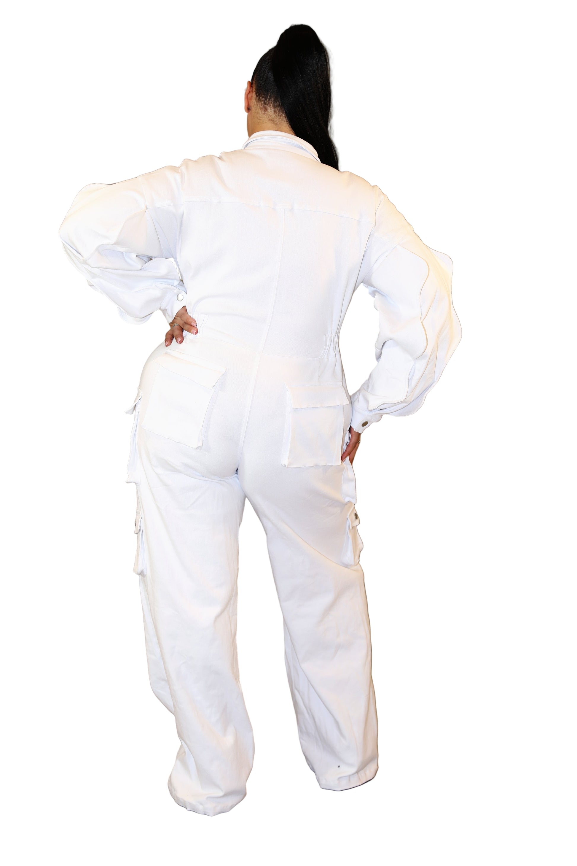 Woman wearing a white denim jumpsuit  on a white background (back)