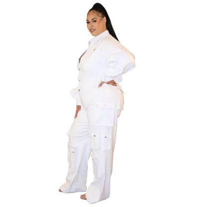 Woman wearing a white denim jumpsuit  on a white background (left side)