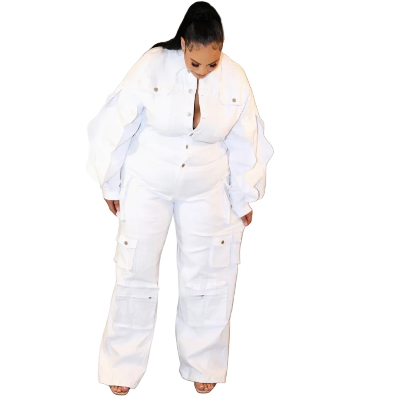 Woman wearing a white denim jumpsuit  on a white background(front, looking down)
