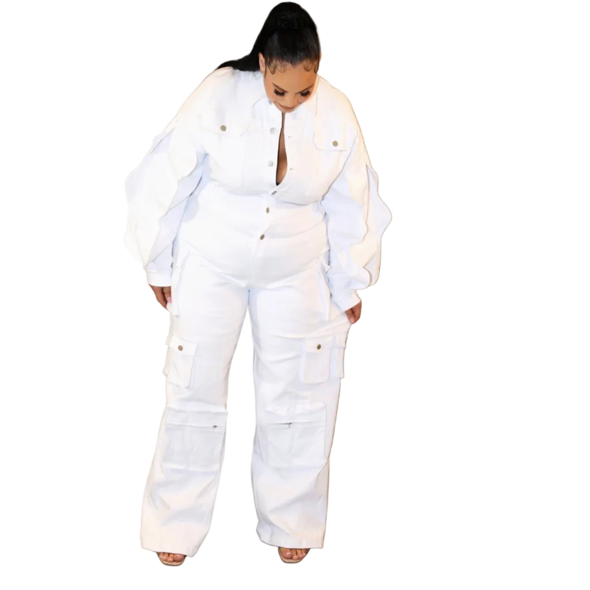 Woman wearing a white denim jumpsuit  on a white background(front, looking down)