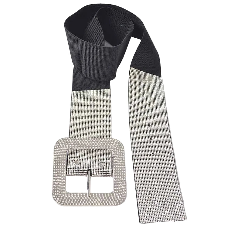 Rhinestone Square Buckle Elastic Waist Belt