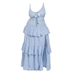 Blue and white striped dress with tiered layers on a white background