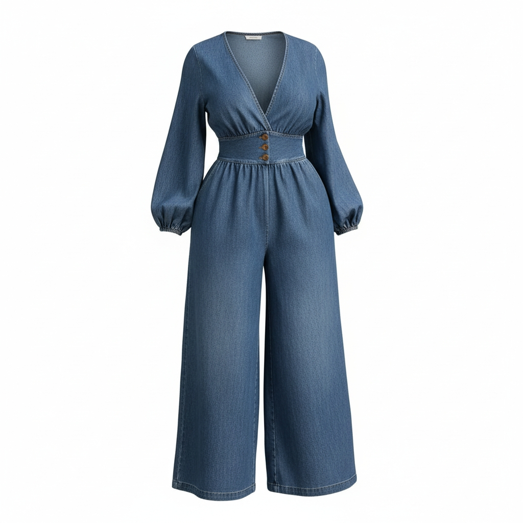 Denim jumpsuit with long sleeves and wide-leg pants on a white background