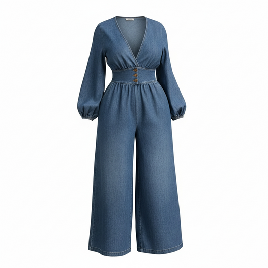 Denim jumpsuit with long sleeves and wide-leg pants on a white background