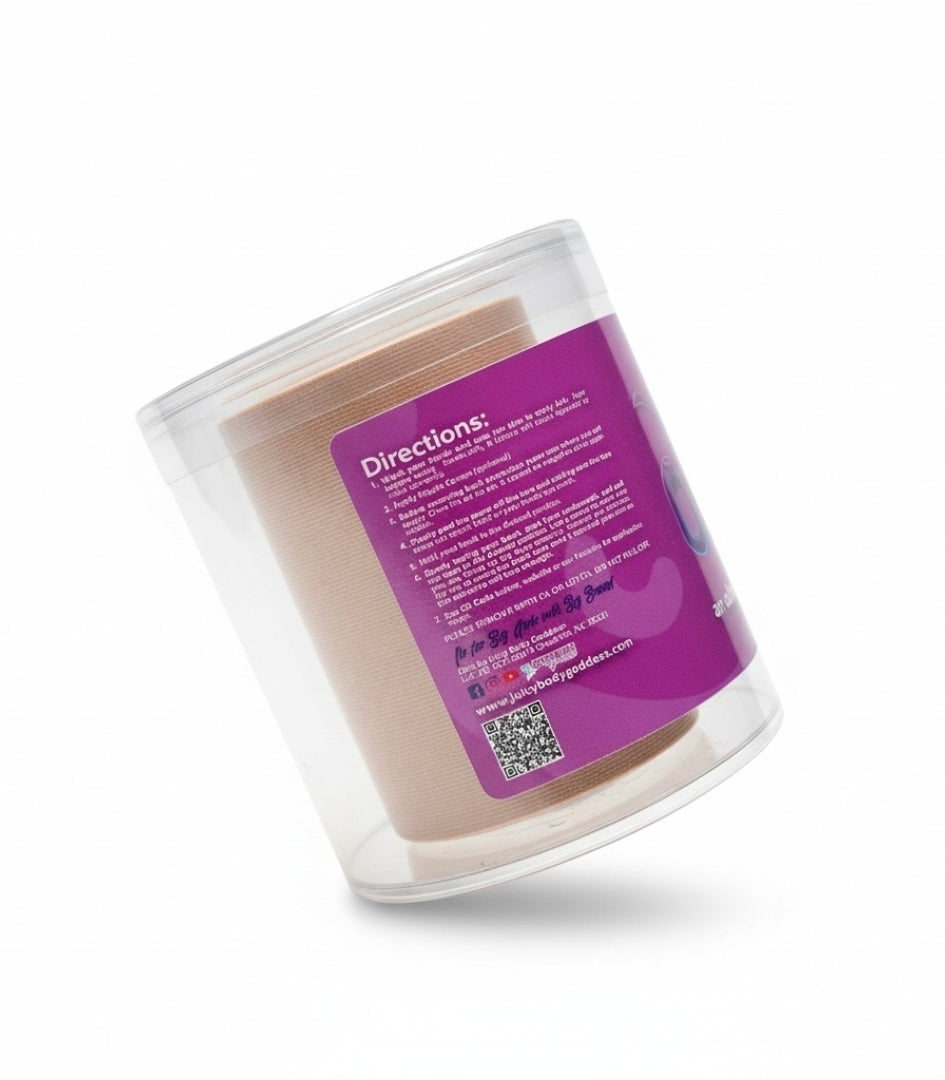 A clear cylindrical plastic container holding a beige/tan roll of tape, with a large purple label showing white text including the word 'Directions'. The product is photographed on a clean white background.