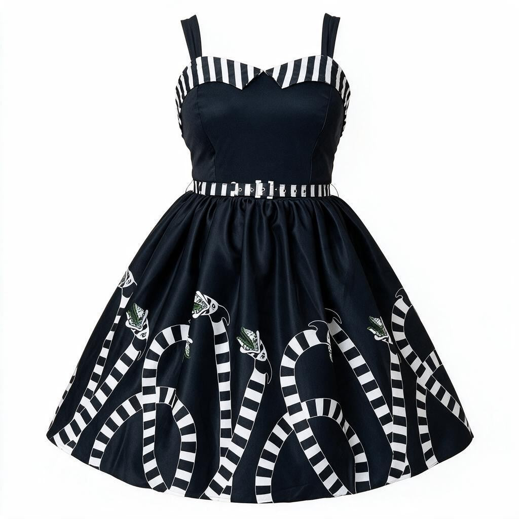 A black and white striped swing dress with a sweetheart neckline, thin shoulder straps, a fitted waist, and a flared skirt featuring a snake print pattern.