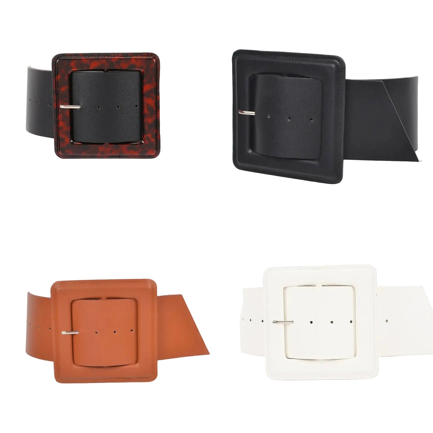Four belts with square buckles in different colors on a white background