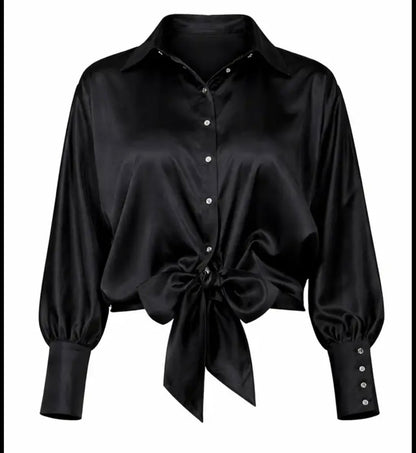 Satin Tie-Front Statement Blouse