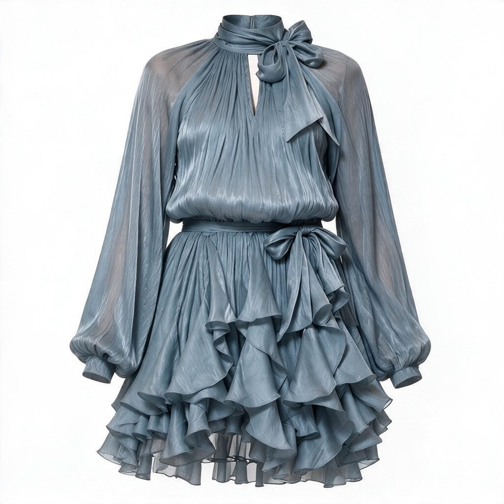 A dusty blue-gray mini dress with a high neck, large bow at the collar, long balloon sleeves, a matching waist tie, and a tiered ruffled skirt, shown on a plain white background.