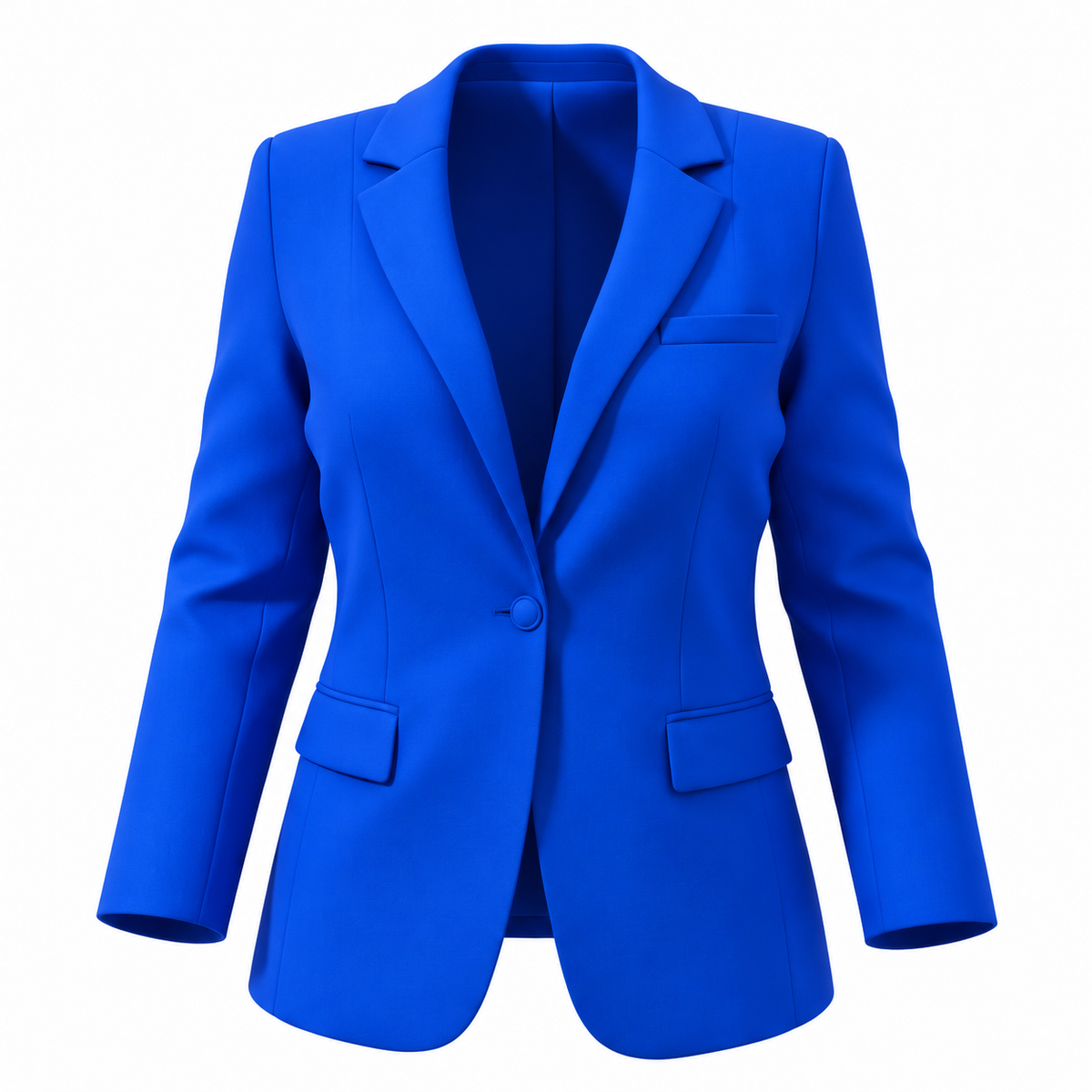 A bright royal blue women's blazer with notch lapels, a single button closure, and flap pockets, shown on a plain white background.