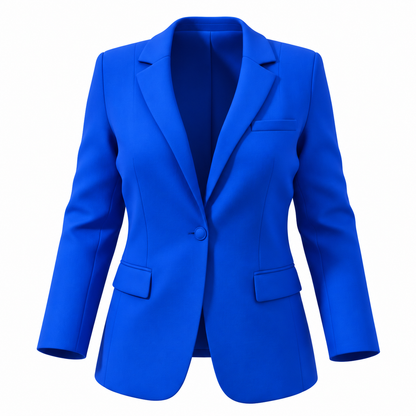 A bright royal blue women's blazer with notch lapels, a single button closure, and flap pockets, shown on a plain white background.