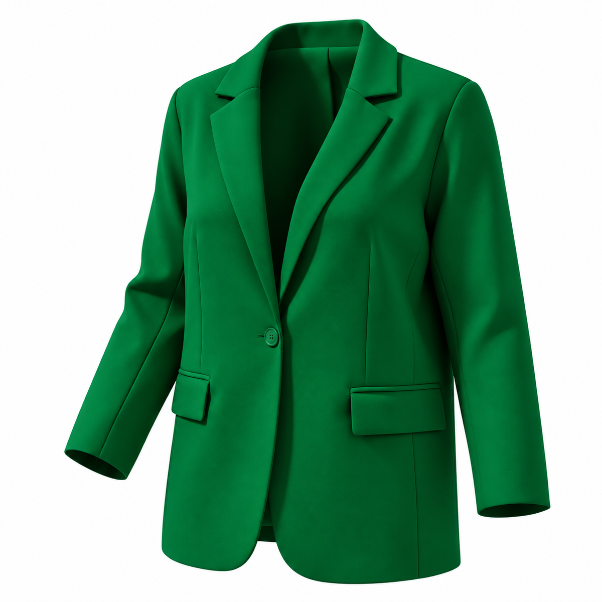 A bright green tailored blazer with notched lapels, a single front button, flap pockets, and long sleeves, shown on a plain white background.