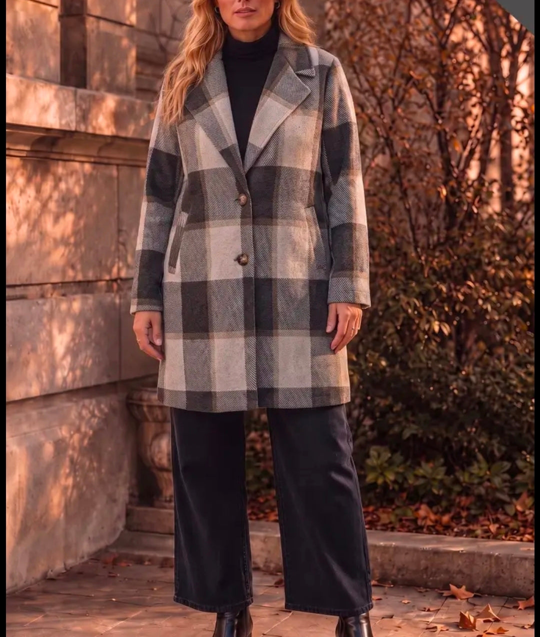 A woman wearing a mid-length plaid coat in gray, beige, and black, paired with a black turtleneck and wide-leg black pants, standing outdoors against a stone wall and autumn foliage.