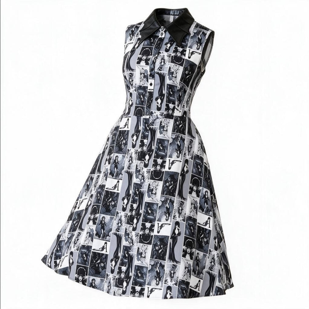A sleeveless A-line dress with a black collar and an all-over black, white, and gray photo collage print, displayed on a clean white background.