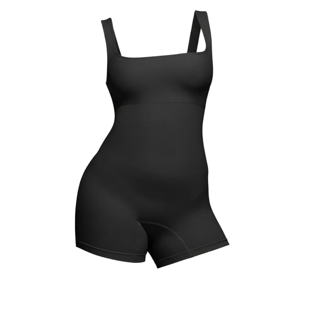Black shapewear garment on a light gray background