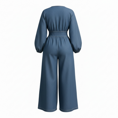 Blue denim jumpsuit on a white background