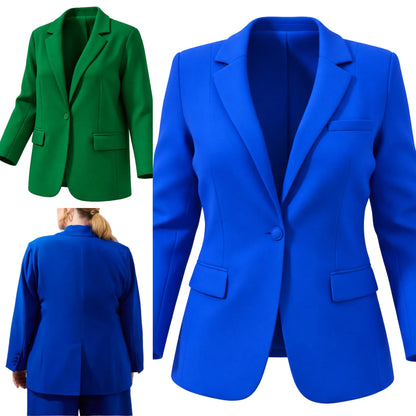 A women's tailored blazer shown in two colorways: a bright royal blue version on the right and a vivid green version on the upper left. A smaller inset at bottom left shows a woman wearing the blazer from the back.