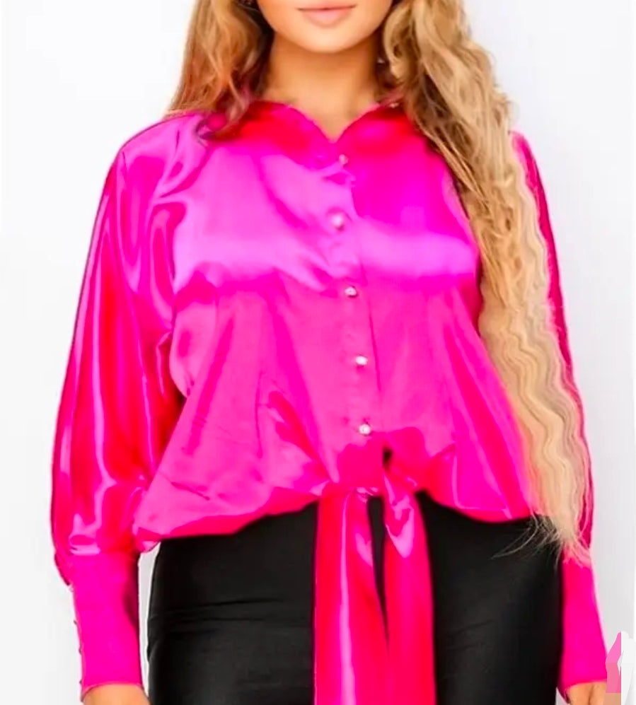 Satin Tie-Front Statement Blouse